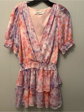 Amanda Uprichard Pastel Watercolor V-Neck Tiered Dress